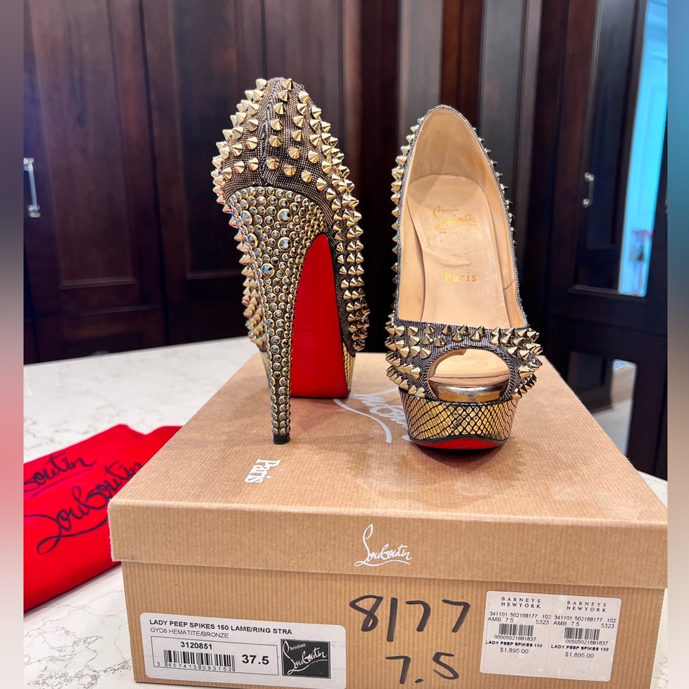 Rare Christian Louboutin Lady Peep Spikes Hematite/Bronze Strass 37.5